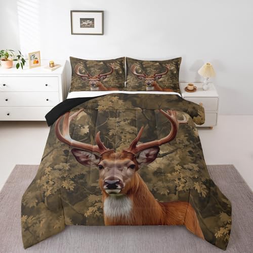 Feelyou Deer Bedding Set King Size Deer Hunting Comforter Set for Kids Boys Girls Decor Rustic Farmhouse Comforter Tree Branches Duvet Set with 2 Pillowcase 3Pcs Bedding