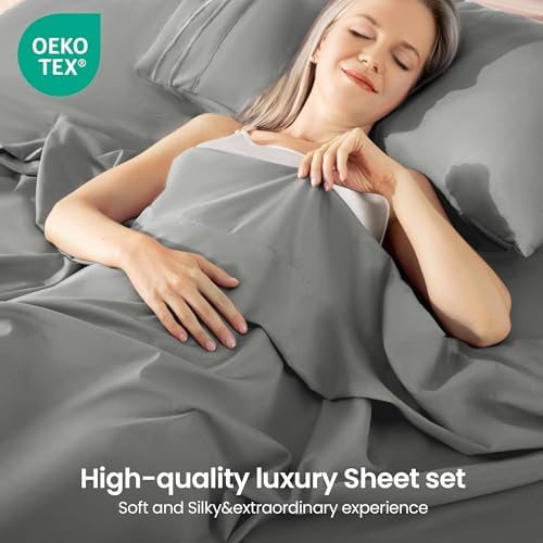 ROSE&RISY Light Grey Twin Sheet Set, 3 Pieces Soft Bedding Queen Sheet Set, Breathable and Cooling, Includes 1 Fitted Sheet, 1 Flat Sheet, 1 Pillowcase - Deep Pocket (Light Grey, Twin)