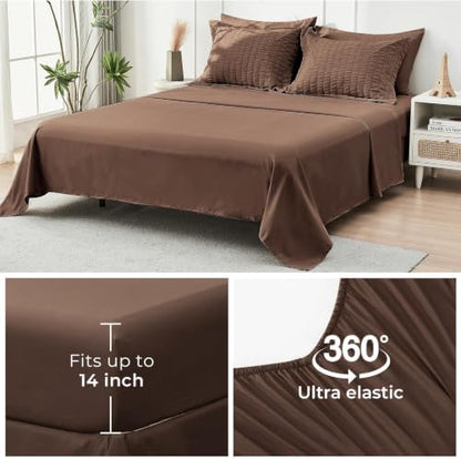 HYMOKEGE Dark Brown Twin XL Comforter Set Seersucker 5 Pieces, All Season Luxury Bed in a Bag for Bedroom, Bedding Set with Comforter, Sheets, Pillowcase & Sham