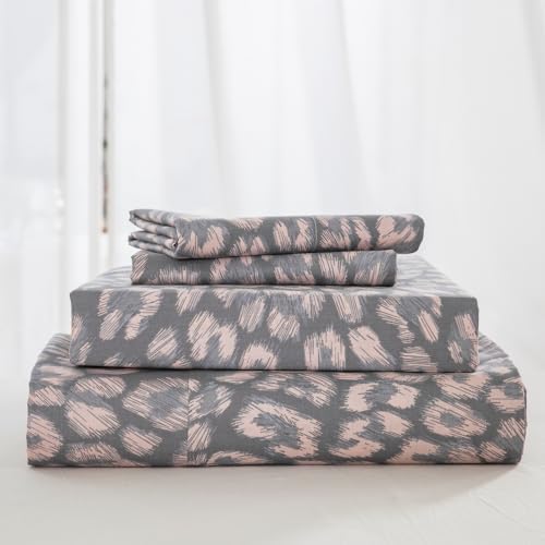 DAUAOTO Full Size Printed Sheets Set, 100% Cotton Bedding Sets, Up to 14" Deep Mattress, Modern Pattern Bedlinen Set, Leopard Gray