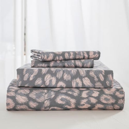 DAUAOTO Full Size Printed Sheets Set, 100% Cotton Bedding Sets, Up to 14" Deep Mattress, Modern Pattern Bedlinen Set, Leopard Gray