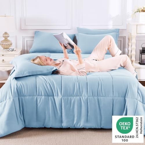 CozyLux Queen Comforter Set, 7-Piece Bed in a Bag, Baby Blue