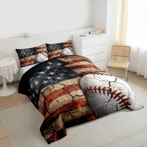 Erosebridal Baseball Comforter Set, Boys American Flag Bedding Set King Size Sports Games Down Comforter United States Federations Stars Stripes Quilt for Kids Teens Bedroom, Baseball Gift for Boys