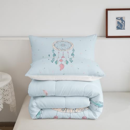 Homewish Teens Dreamcatcher Comforter Set Queen Size,Blue Pink Feather Bedding Set for Kids Boys Girls Bedroom Decoration,Bohemian Style Bed Duvet Insert,Tribe Exotic Comforter with 2 Pillowcases