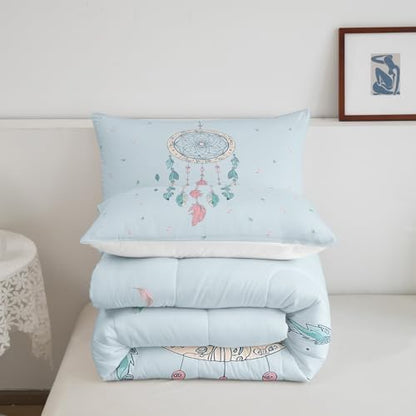 Homewish Dreamcatcher Full Size Comforter Set,Blue Pink Feather Bedding Set for Adults Teens,Children Bohemian Style Comforter Luxury Tribe Exotic Quilt Set Room Decor 3Pcs
