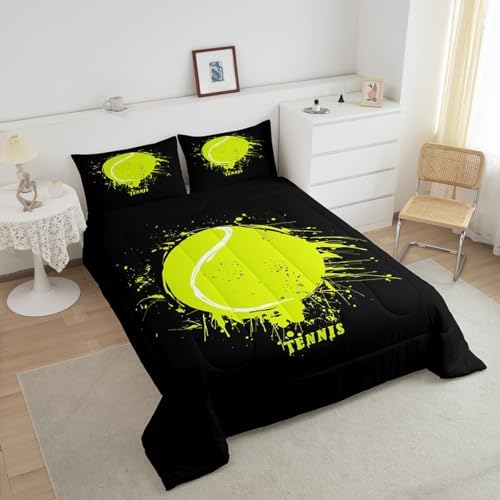 Manfei Tennis Comforter Set King Size, Green Tennis Print Bedding Set 3pcs for Kids Boys Teens Bedroom Decor, Sports Gaming Theme Quilt Set with 2 Pillowcases