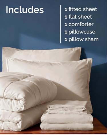 Twin Comforter Set - 5 Piece Bed in a Bag Twin Size Bed Set, Soft - Wheat