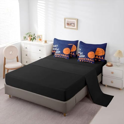 Erosebridal Boys Basketball Orange Navy Blue 7 Piece Bedding Set Twin | Ball Gaming Comforter Set with Sheets Sports Kids Teens Bed in A Bag Men Bed Sets