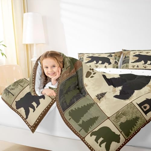jejeloiu Bear Kids Comforter Set Twin Size Wild Animal Bedding Set Rustic Cabin Country Duvet Quilt for Kids Boys Girls Bedroom Decor Microfiber Ultra Soft Breathable