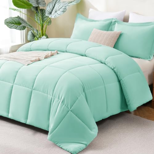 CozyLux King Size Comforter Set, 3-Piece Box-Stitched, Mint Green