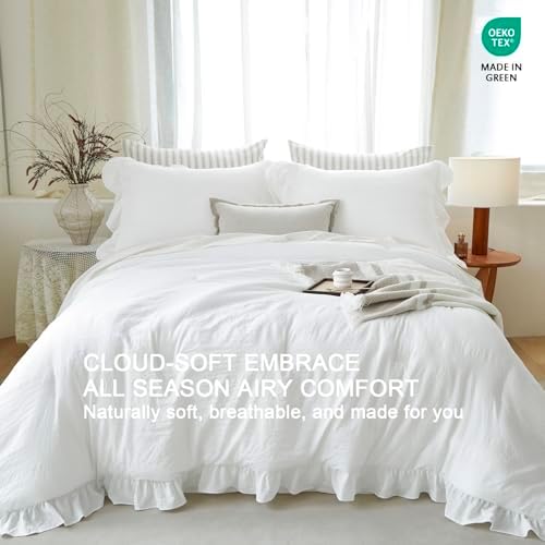 Pure White Ruffle 3 Pieces Comforter Queen Shabby Chic Bedding Set
