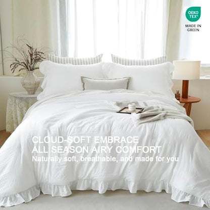 Pure White Ruffle 3 Pieces Comforter Queen Shabby Chic Bedding Set