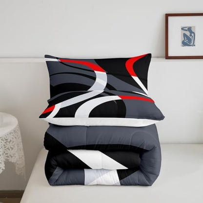 Feelyou Geometric Circle Comforter Set Red Grey and Black Comforter for Kids Boys Girls Teens Geometrics Bedding Set Breathable Abstract Art Duvet Set Modern Luxury Room Decor Quilt Set King Size