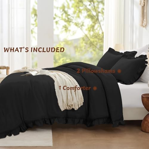 FUANNA Queen Comforter Set, 3 Pieces Bedding Sets, Ruffle Bed Set, Black