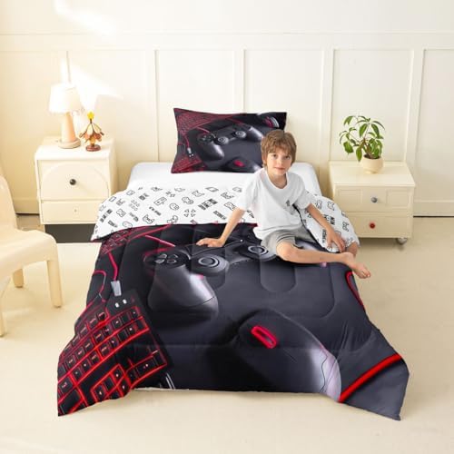 Feelyou Gamer Comforter Set Toddler Size Gaming Bedding Set for Kids Boys Girls Game Room Decor Duvet Quilt Gamepad Bedroom Decor Red Microfiber 2 Pcs with 1 Pillow Cases