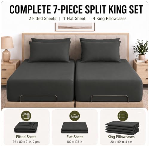 CozyLux Split King Sheets 7-Piece, 21-Inch Deep Pocket, Soft Brushed Feel