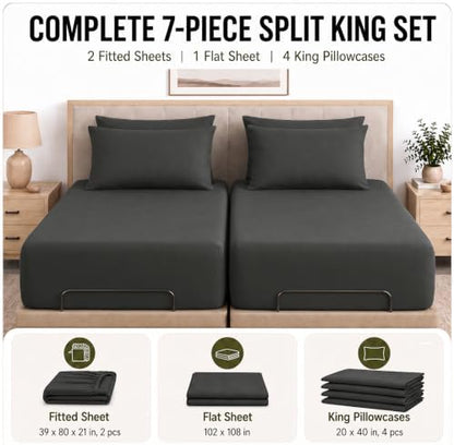 CozyLux Split King Sheets 7-Piece, 21-Inch Deep Pocket, Soft Brushed Feel