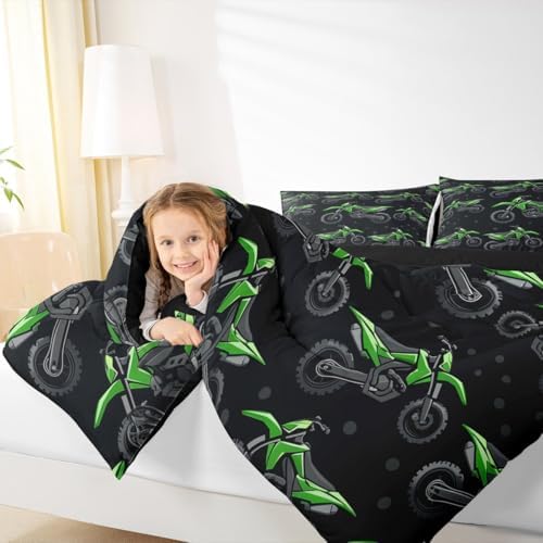 Erosebridal Boys Green Motocross King Bedding Set, Dirt Bike Comforter Set, Racing Motocross Comforter, Cool Motorcycle Black Quilt with 2 Pillowcases for Kids Teens Youth Men Bedroom Decor