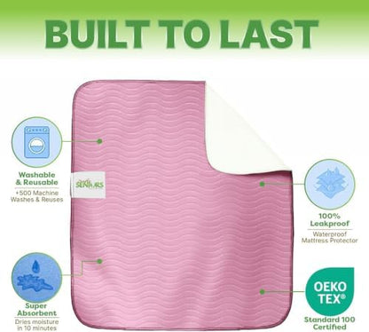 Bed Pads Washable Waterproof 34"x36"- Pack of 4 Pink Incontinence Bed Pads