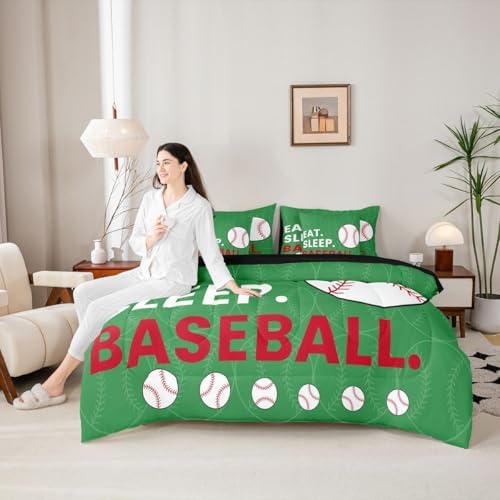 Erosebridal Games Kids Baseball Green Comforter Set Queen Size 7 Pieces | White Red Gaming Bed in A Bag Softball Sports Bed Set Boys Girls Teens Bedding