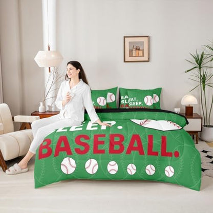 Erosebridal Games Kids Baseball Green King 7-Piece Comforter Set | White Red Gaming Sheets and Pillowcases Softball Sports Bed in A Bag Boys Girls Teens Bed Sets