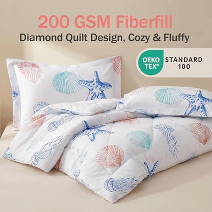 JSD Beach Theme Kids Queen Comforter Set, Jellyfish Starfish Shell Pattern