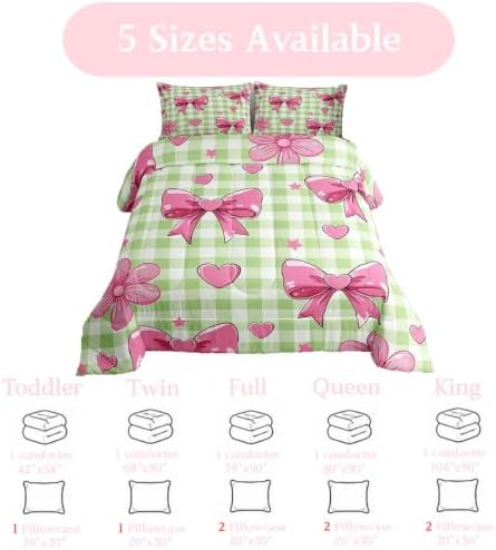 jejeloiu Checkerboard Bowknot Bedding Set Soft for Boys Girls, Pink Bow Comforter Set Toddler Size Plaid Duvet Quilt Microfiber Green Bedroom Decor 2 Pcs with 1 Pillow Cases