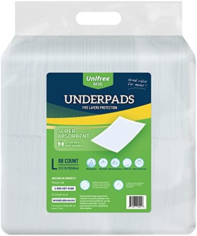 Unifree Disposable Underpads, Bed Pads, Incontinence Pad, Super Absorbent, 88 Count, Blue (L 23.5x35.5 Inch)