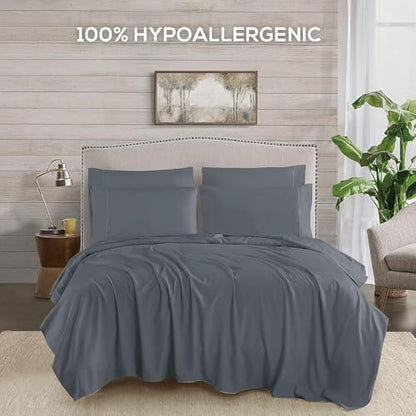 Mueller Luxury 6 PC Full Size Bed Sheets, Super Soft, Deep Pocket up to 16" Full Size Sheets, Transfers Heat, Breathes Better, Hypoallergenic, Wrinkle-Resistant, Oeko-TEX, Light Grey
