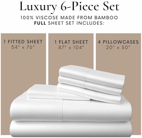 Bamboo Bay 6 Piece Full Size Sheet Set, 100% Viscose Made from Bamboo, Breathable, Ultra Soft Cooling Bed Sheets for Hot Sleepers, Beddings with Deep Pockets Fit 16" Mattress, White