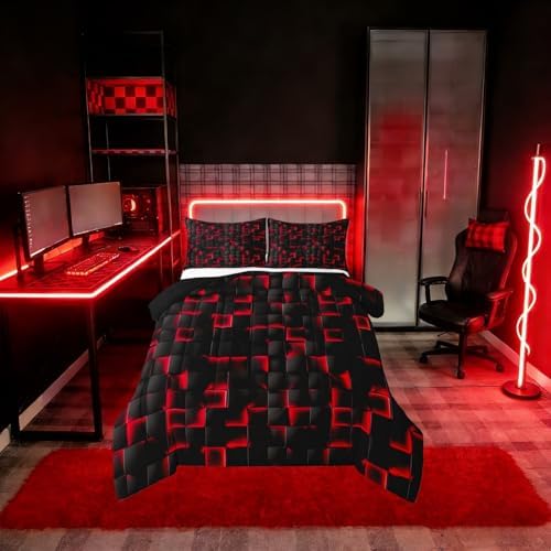 Erosebridal Boys Red and Black Comforter Set Queen Geometric Checkered Kids Bedding Set Teen Men Gaming Room Decor,Abstract Ombre Plaid Comforter Grids Quilt Duvet