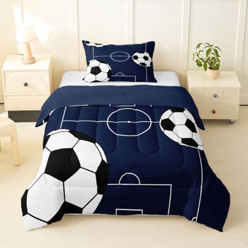 Castle Fairy Football Comforter Set Toddler Size,Boys Sports Theme Comforter for Kids Teens,Soccer Ball Gaming Down Comforter,Football Court Quilt Bedroom Decor 2 Pcs 1 Pillowcase,Blue White