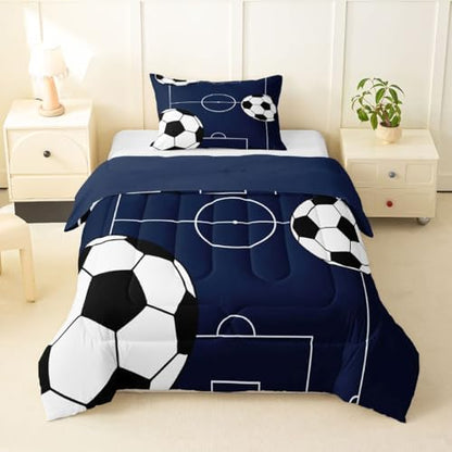 Castle Fairy Football Comforter Set Toddler Size,Boys Sports Theme Comforter for Kids Teens,Soccer Ball Gaming Down Comforter,Football Court Quilt Bedroom Decor 2 Pcs 1 Pillowcase,Blue White
