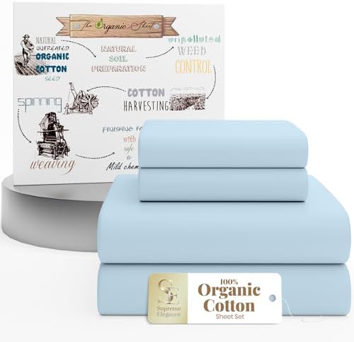 SUPREME ELEGANCE 100% Organic Cotton King Size Sheets Set, Sky Blue