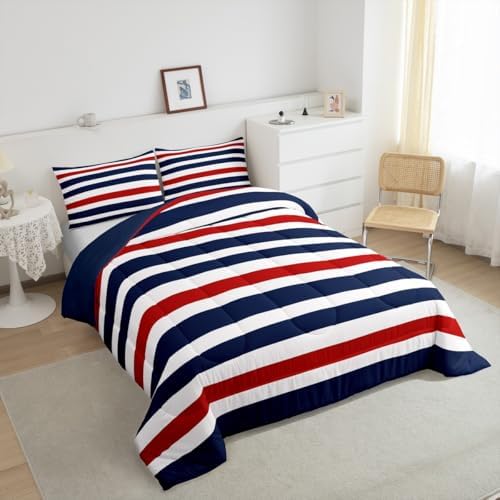 Homewish Geometric Stripes Comforter Set King Size,Abstract Art Bedding Sets 3Pcs for Kids Girls Boys Women Room Decor,Navy Blue and Red Quilted Duvet Modern Simple Down Comforter,2 Pillowcases