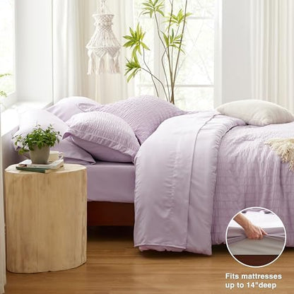 Love's cabin Seersucker Lavender Twin Comforter Set 5 Pieces, All Season Bedding Set, Twin Bed in a Bag Comforter Set with Comforter, Flat Sheet, Fitted Sheet, Pillowcase and Pillow Sham