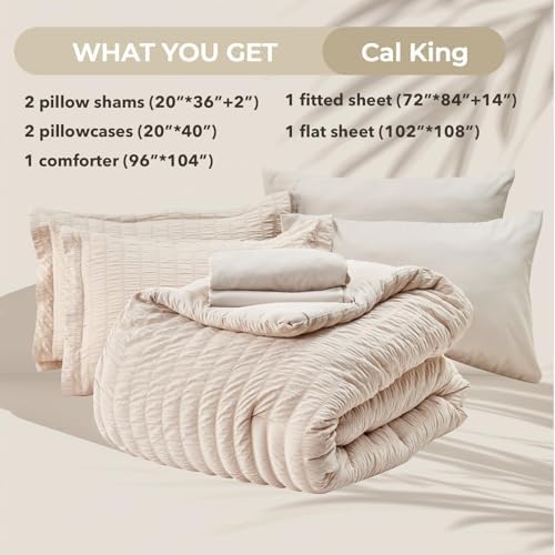 HYMOKEGE Beige California King Comforter Set Seersucker 7 Pieces, All Season Luxury Bed in a Bag for Bedroom, Bedding Set with Comforters, Sheets, Pillowcases & Shams