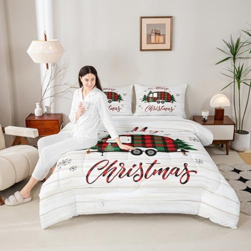 Christmas Camper Comforter Set Queen,Rustic Farmhouse RV Bedding Set for Kids Teens Adults Room Decor,Colorful Xmas Camping Car Quilt Set Cartoon Outdoor Traveling Duvet Insert,2 Pillowcases