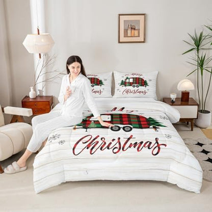 Christmas Camper Comforter Set Queen,Rustic Farmhouse RV Bedding Set for Kids Teens Adults Room Decor,Colorful Xmas Camping Car Quilt Set Cartoon Outdoor Traveling Duvet Insert,2 Pillowcases