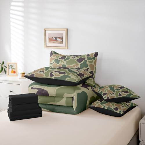 Erosebridal Hunting 7 Piece Bedding Set Full Camouflage Comforter Set with Sheets Purple Green Army Farmhouse Bed in a Bag Deer Hound Bear Turkey Wolf Print for Kids Boys Girls