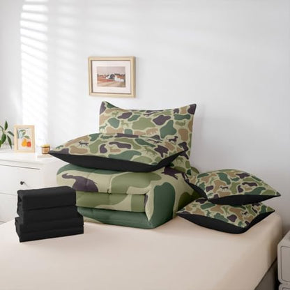 Erosebridal Hunting 7 Piece Bedding Set Full Camouflage Comforter Set with Sheets Purple Green Army Farmhouse Bed in a Bag Deer Hound Bear Turkey Wolf Print for Kids Boys Girls