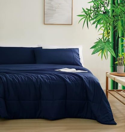 Zaizaihome Bamboo Viscose Comforter Set Queen Size 3 Pieces - Navy Blue