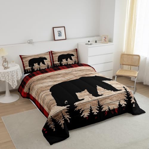 Castle Fairy Kids Bear Silhouette Comforter Set Full Size,Wildlife Animal Trees Print Bedding Comforters for Girls Teens,Red Black Plaid Retro Board Down with 2 Pillowcases,Chic