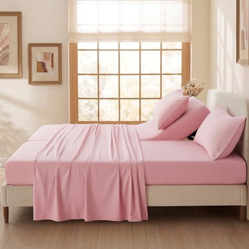 P Pothuiny 5-Piece Split King Sheets Set, Pink Soft Microfiber Fabric