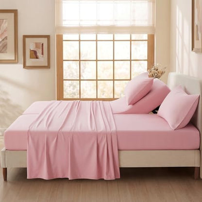 P Pothuiny 5-Piece Split King Sheets Set, Pink Soft Microfiber Fabric