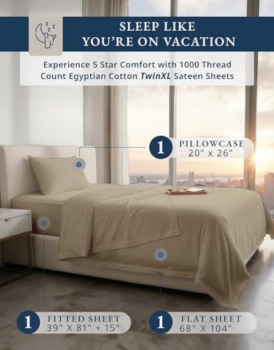 LANE LINEN Hospital Bed Sheets Twin XL 100% Egyptian Cotton Sateen - Taupe