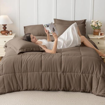 JOLLYVOGUE Twin Comforter Set, Ultra-Soft Bed in a Bag Twin Size 5 Pieces, Oeko-TEX Certified Bedding Set with Down Alternative Comforter, Sheets, Pillowcases & Shams, Brown