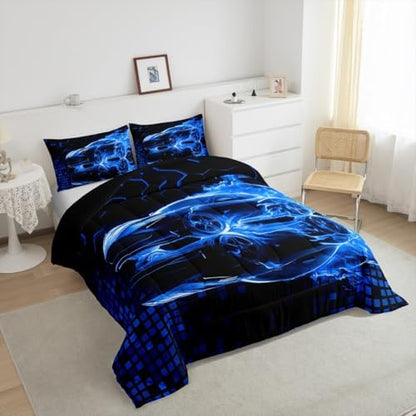 Feelyou Race Car Flame Comforter Set for Kids Boys Teens Queen Size Speed Sports Bedding Set Ultra Soft Honeycomb Duvet Quilt Games Car Comforter Bedroom Decor Cool Modern Grid Duvet Quilt