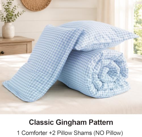 Queen Comforter Set, Fluffy Blue Gingham Plaid Bedding, 3 Pieces