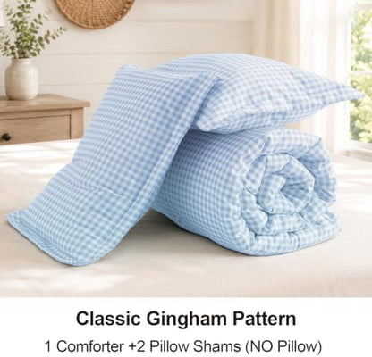 Queen Comforter Set, Fluffy Blue Gingham Plaid Bedding, 3 Pieces